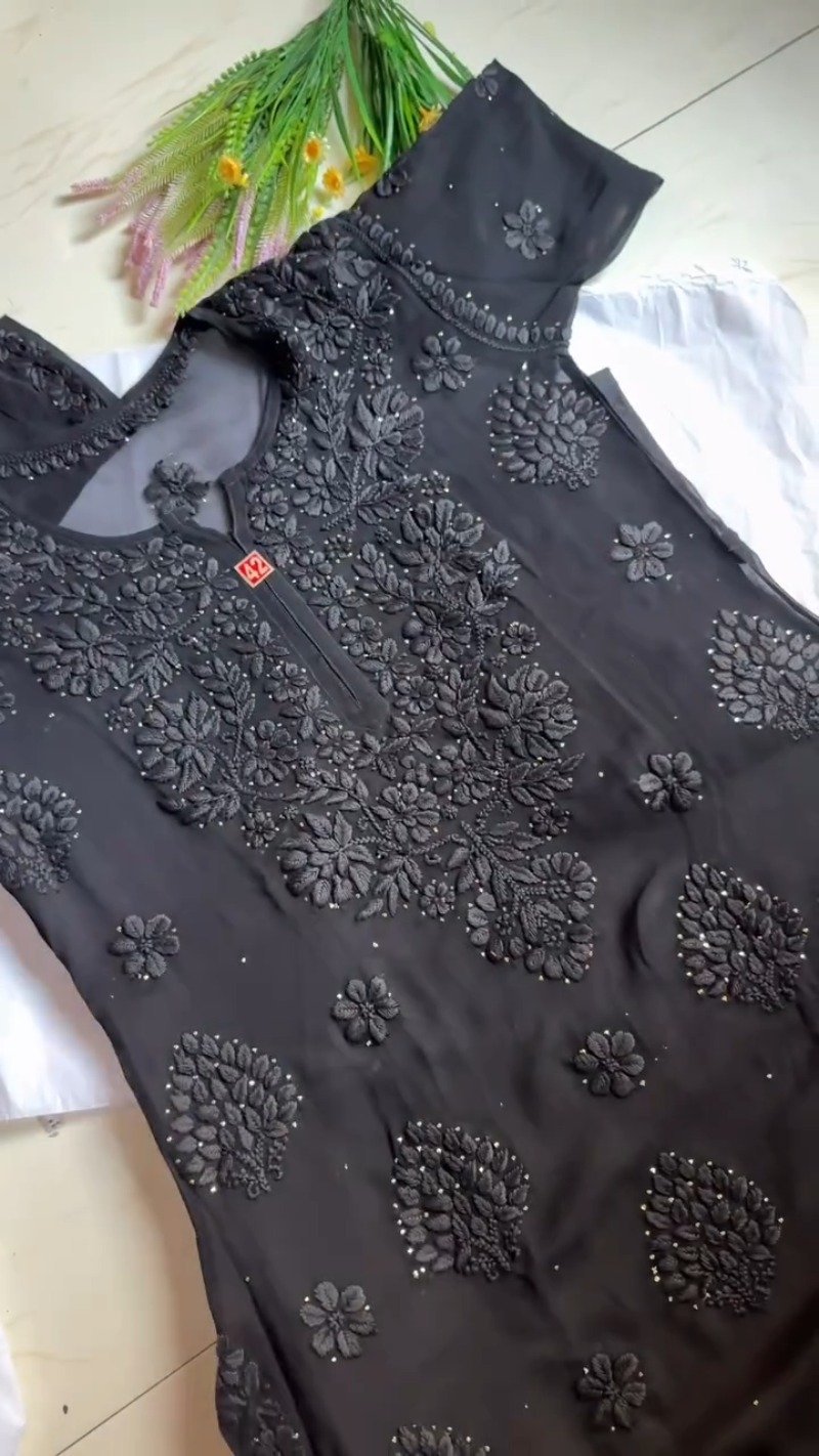 Chikankari Elegance Hand-Embroidered Georgette Kurta – Available in Plum, Black & Rust Orange - Image 5