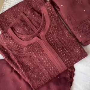 Enchanting Maroon Chikankari Embroidered Kurta Set with Embellished Dupatta