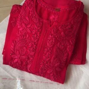 Radiant Crimson Chikankari Embroidered Kurta Set with Embellished Dupatta
