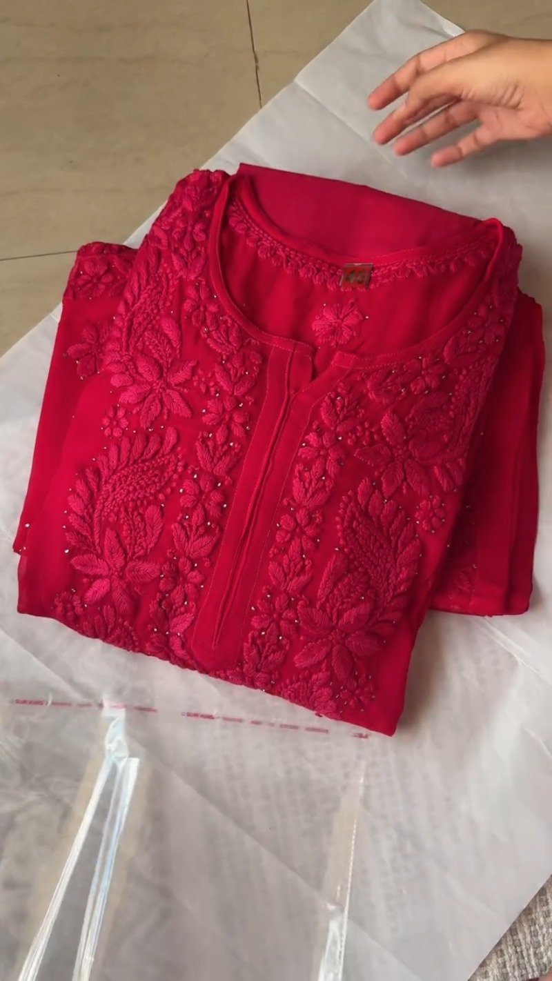 Radiant Crimson Chikankari Embroidered Kurta Set with Embellished Dupatta