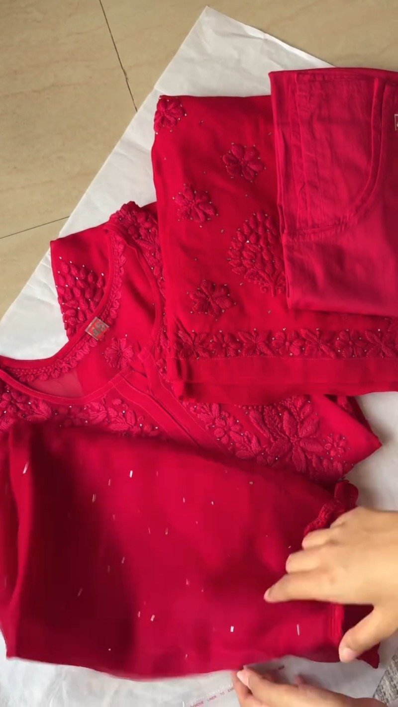 Radiant Crimson Chikankari Embroidered Kurta Set with Embellished Dupatta - Image 2