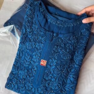 Midnight Sapphire Chikankari Georgette Kurta Set with Intricate Mirror Accents