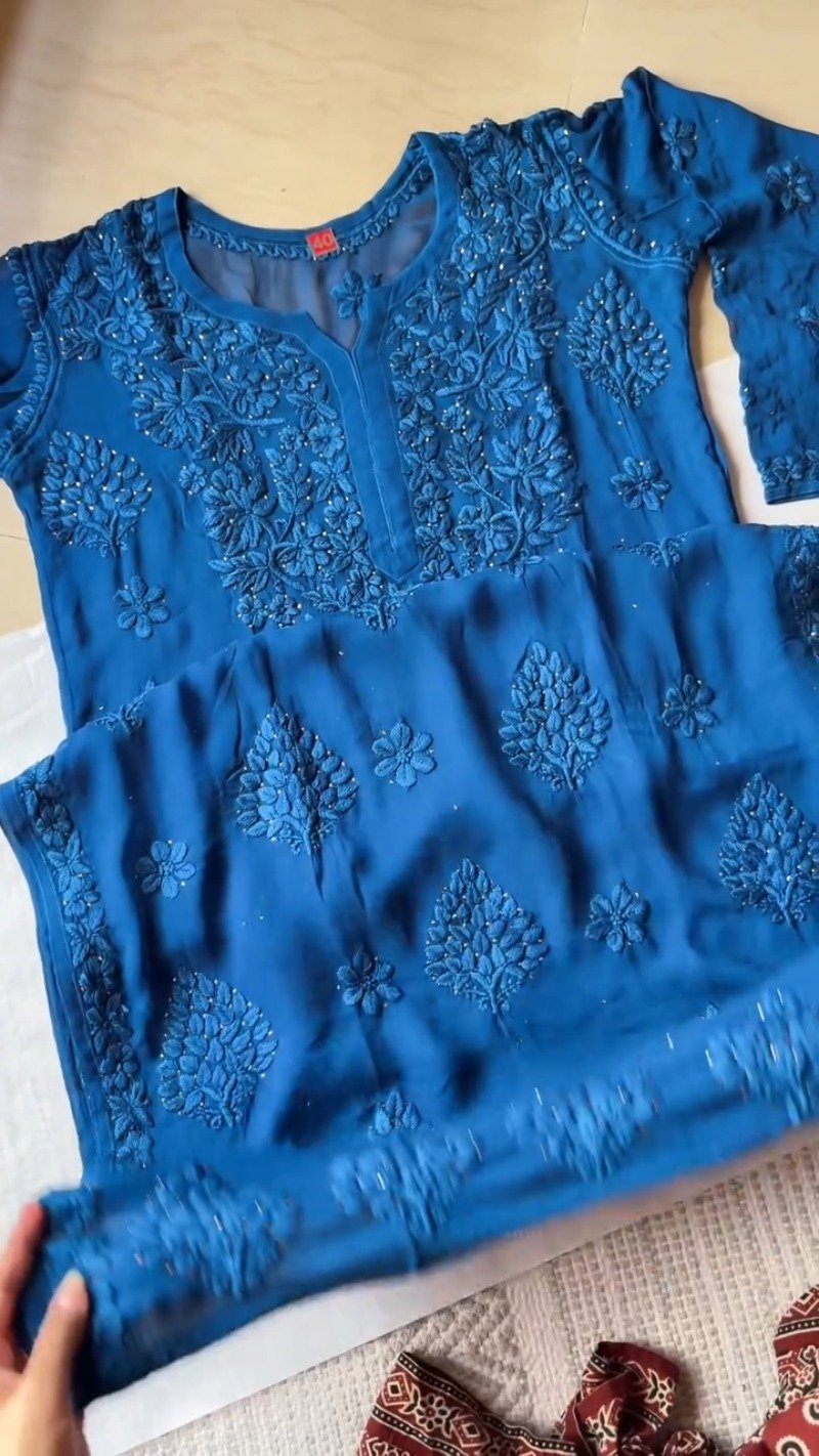 Midnight Sapphire Chikankari Georgette Kurta Set with Intricate Mirror Accents - Image 3