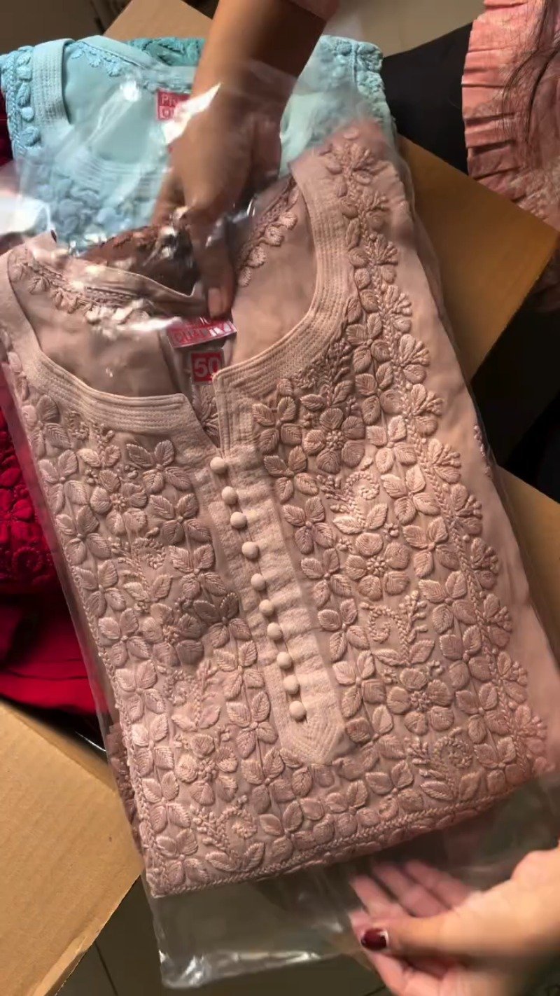 Exquisite Floral Threadwork Chikankari Kurta Set – Available in Dusty Rose, Mocha Brown & Sky Blue - Image 2