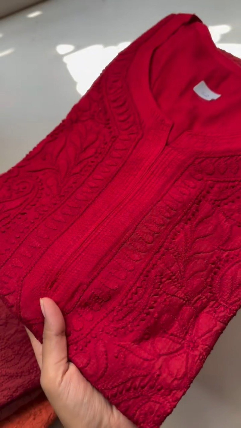 Exquisite Lucknowi Chikankari Embroidered Kurta – Available in Teal, Olive Green, Crimson Red & Dusty Rose - Image 3