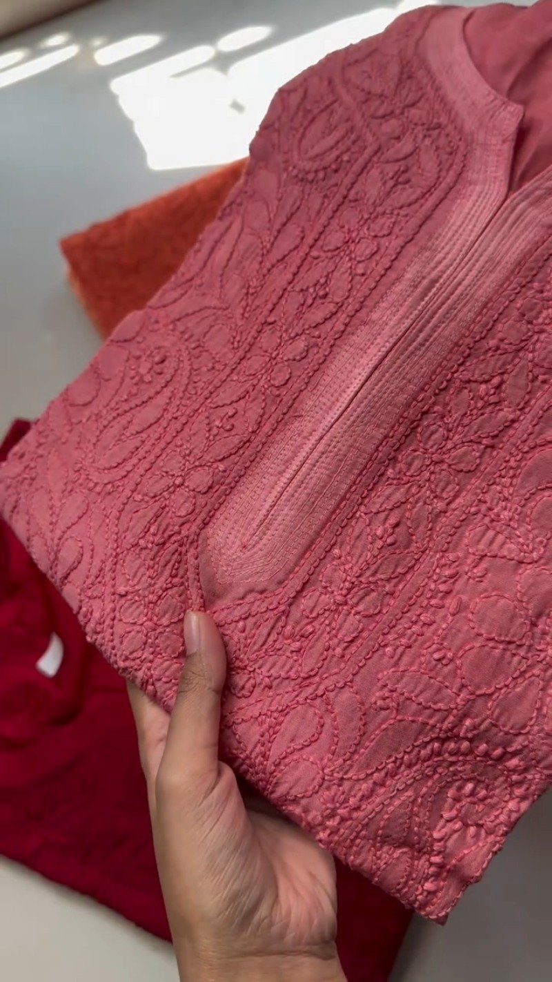 Exquisite Lucknowi Chikankari Embroidered Kurta – Available in Teal, Olive Green, Crimson Red & Dusty Rose - Image 4
