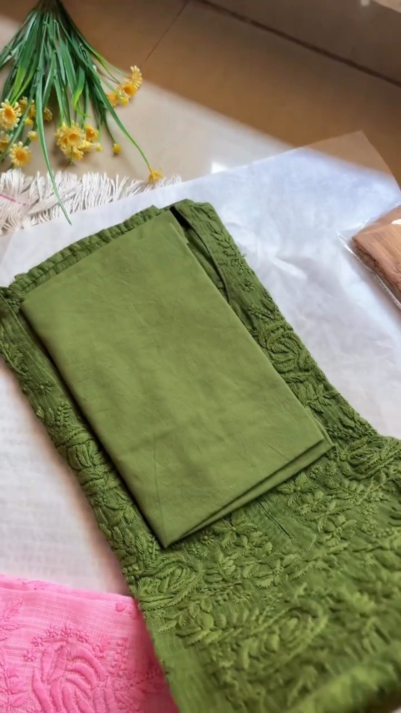 Exquisite Hand-Embroidered Chikan Work Kurta Set – Available in Olive, Crimson, Orchid, Peach & Rose Pink