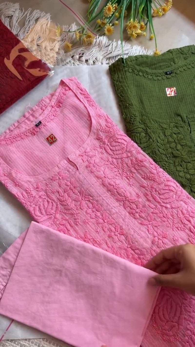 Exquisite Hand-Embroidered Chikan Work Kurta Set – Available in Olive, Crimson, Orchid, Peach & Rose Pink - Image 4