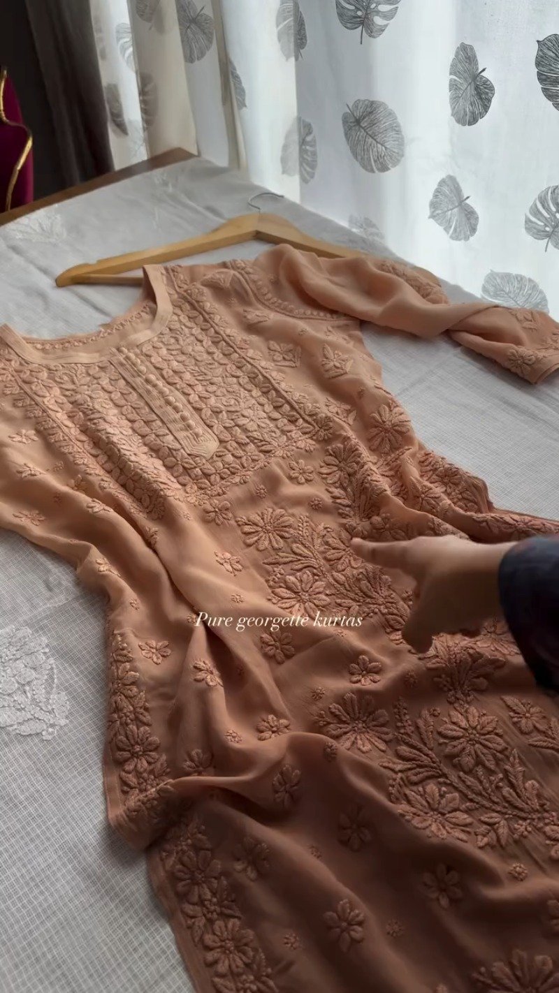 Graceful Peach Chikankari Pure Georgette Kurta