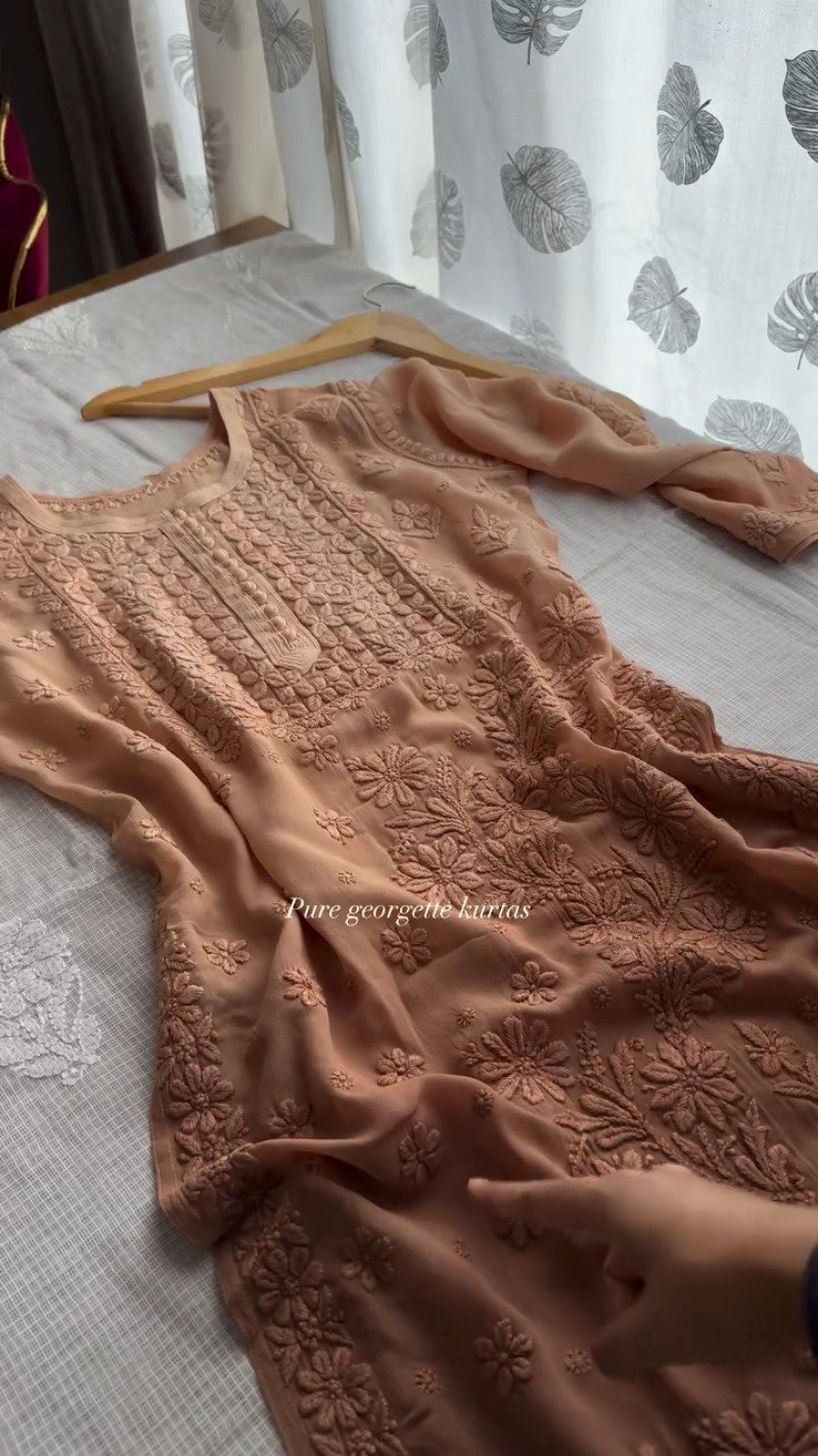 Graceful Peach Chikankari Pure Georgette Kurta - Image 2