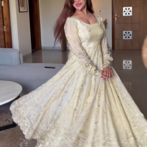 Ivory Luminescence: Scalloped Zari Anarkali Gown