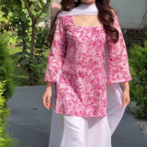 Blush Blossom: Floral Kurti with Palazzo & Dupatta Set