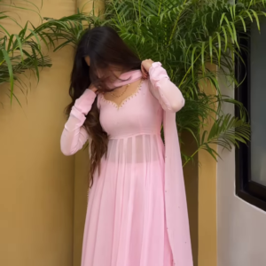 Powder Pink Grace: Georgette Anarkali Fusion Gown