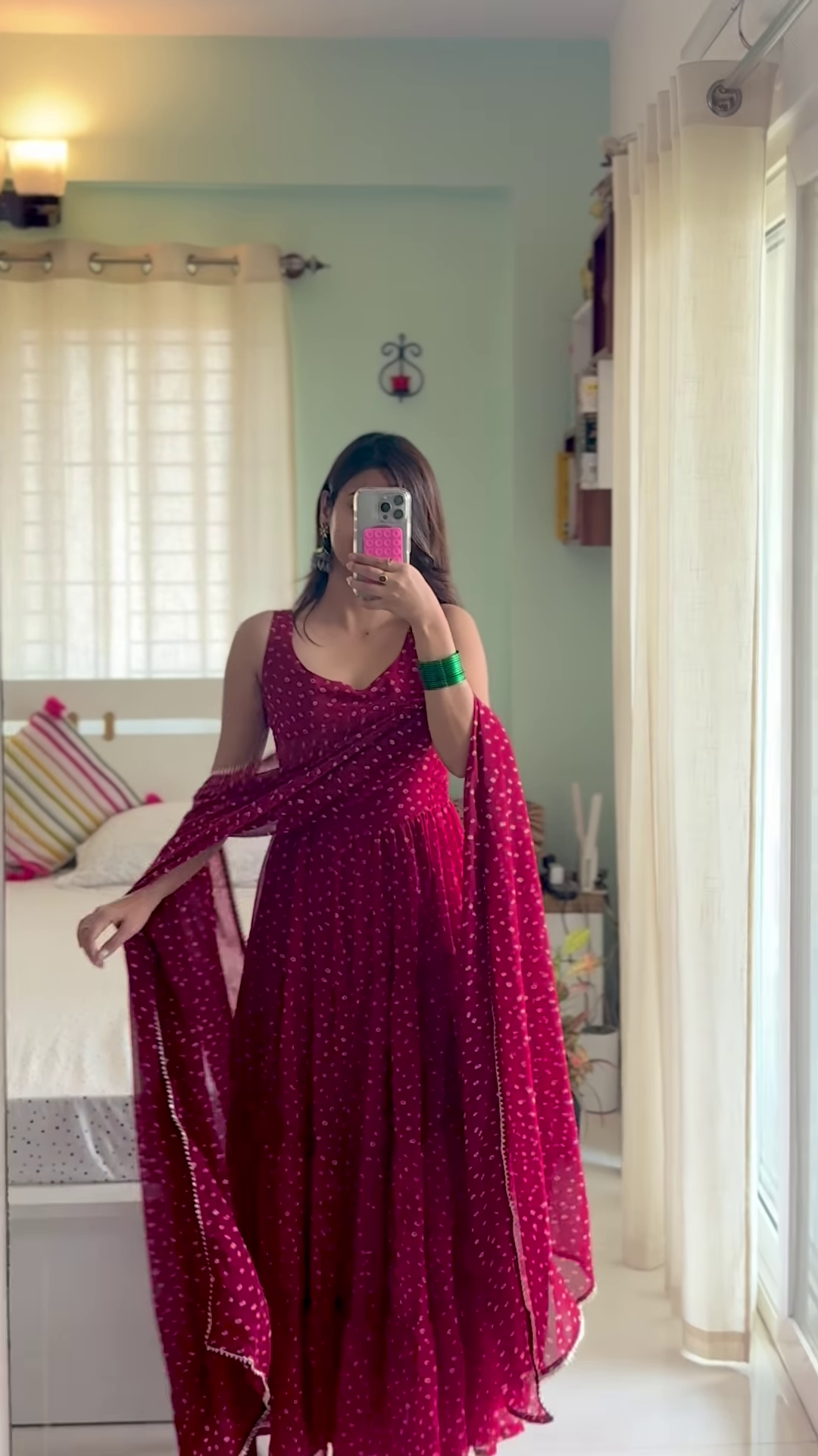 Wine Radiance: Bandhani Print Georgette Anarkali Gown