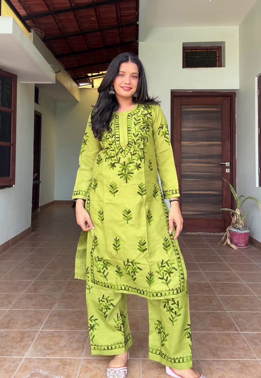 Olive Meadow: Hand-Embroidered Cotton Kurti & Pant Set