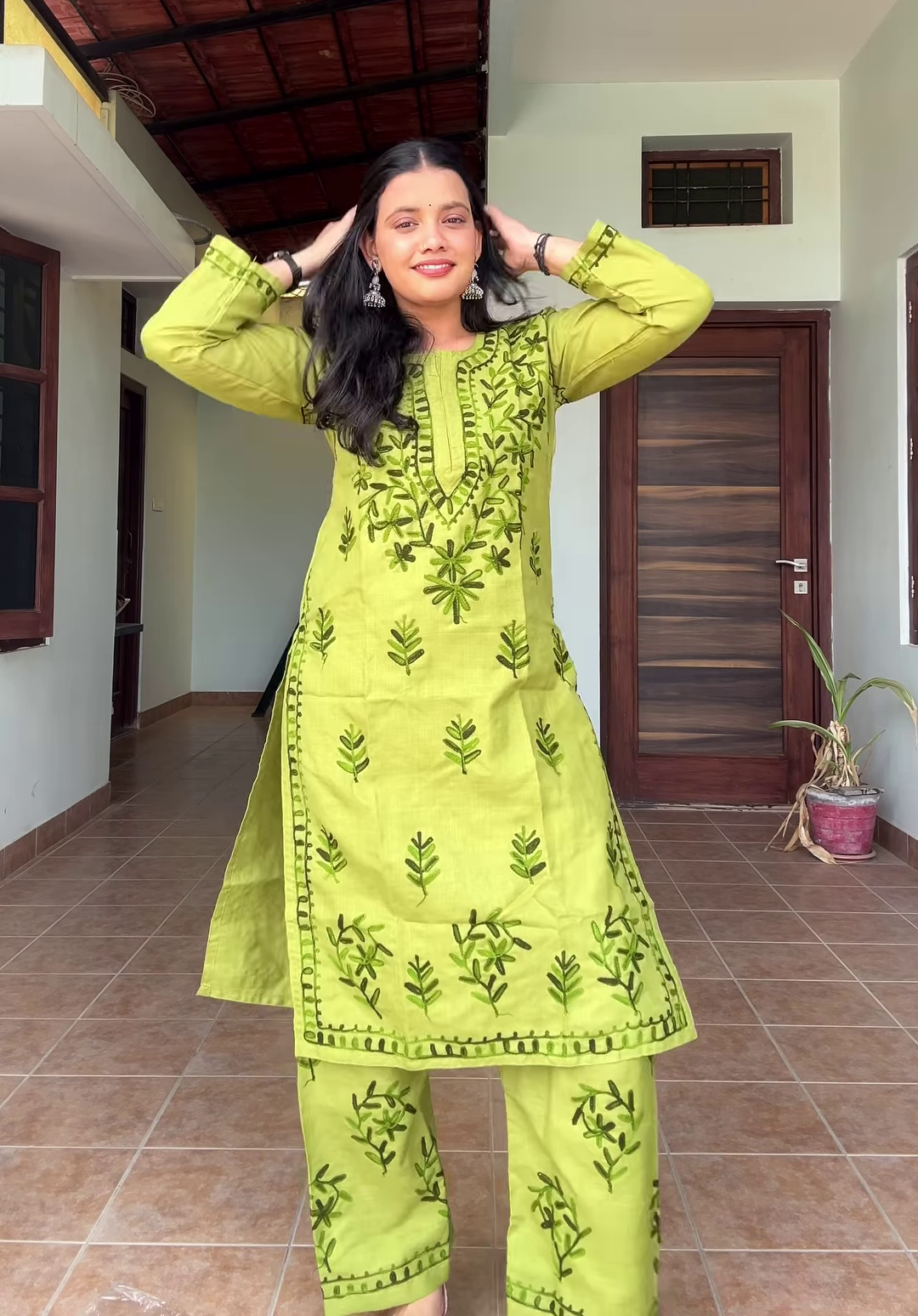 Olive Meadow: Hand-Embroidered Cotton Kurti & Pant Set - Image 3