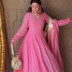 Rosewood Radiance: Angrakha Organza Anarkali Gown