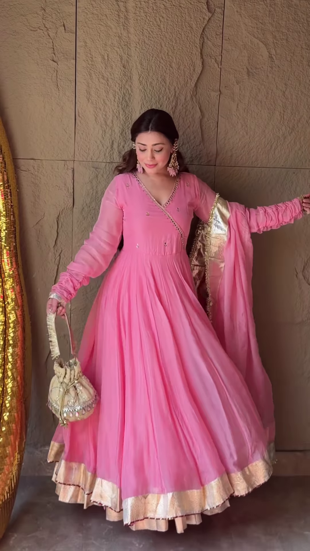 Rosewood Radiance: Angrakha Organza Anarkali Gown