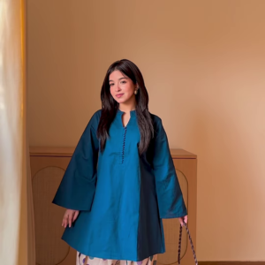 Peacock Elegance: A-Line Kurti with Polka-Dot Salwar Set