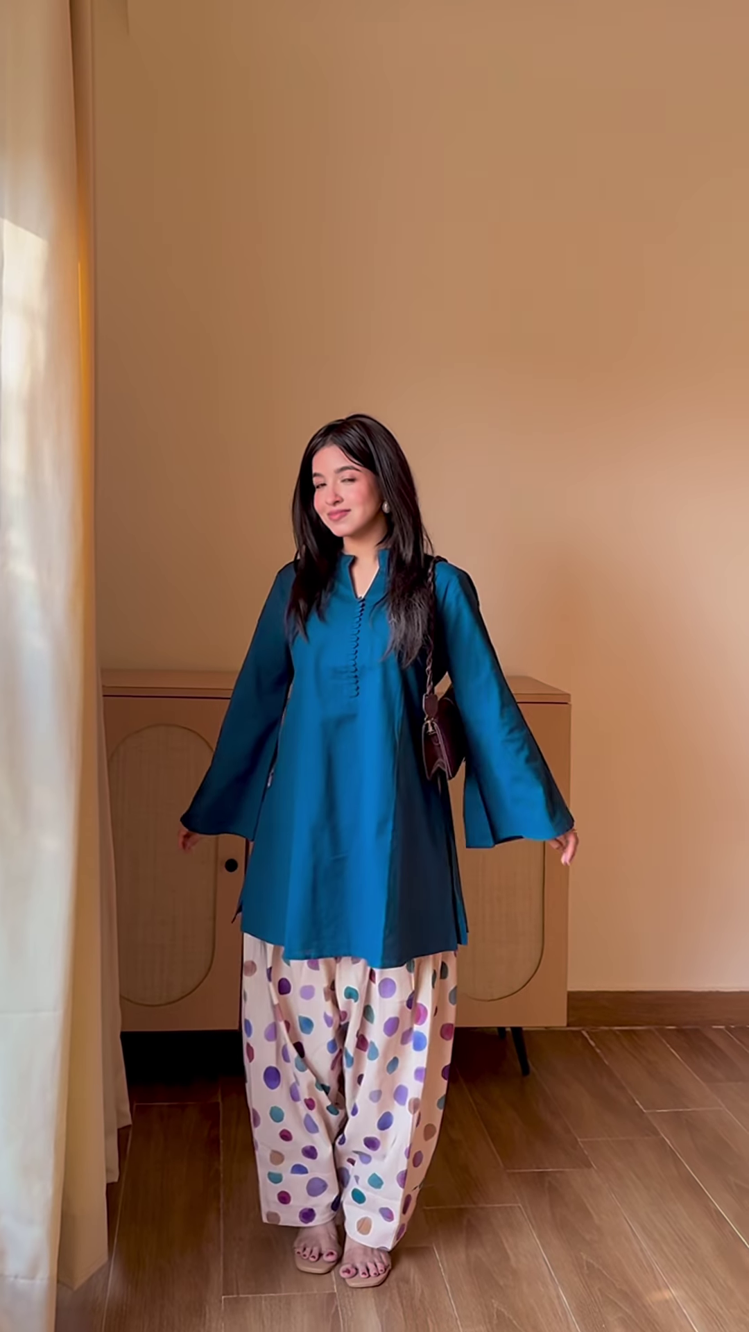 Peacock Elegance: A-Line Kurti with Polka-Dot Salwar Set - Image 5