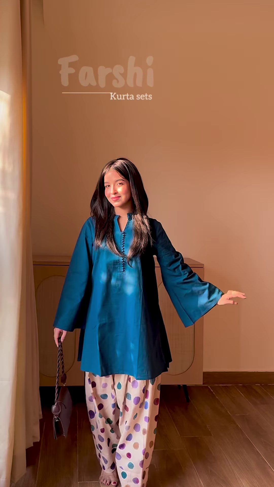 Peacock Elegance: A-Line Kurti with Polka-Dot Salwar Set - Image 4