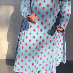 Dusty Azure: Lotus Print Cotton Kurti & Pant Set