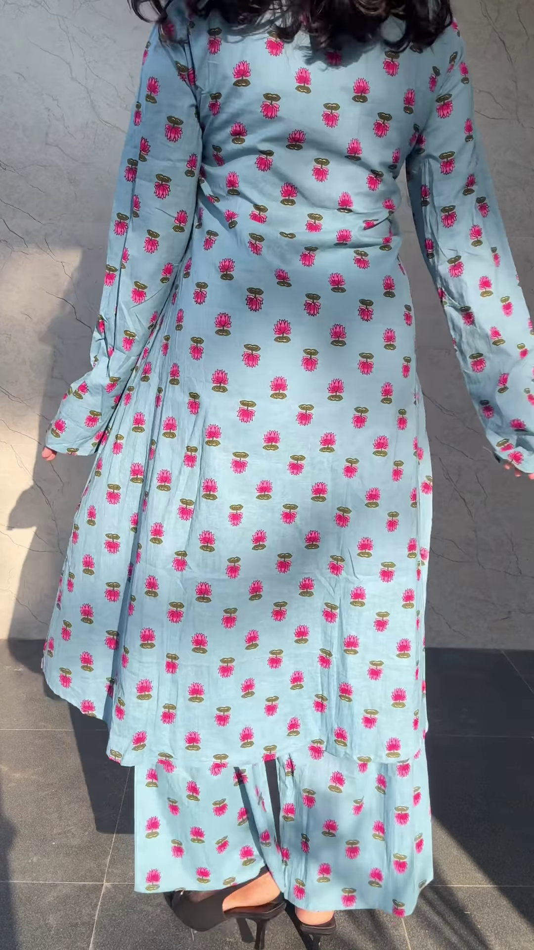 Dusty Azure: Lotus Print Cotton Kurti & Pant Set - Image 2