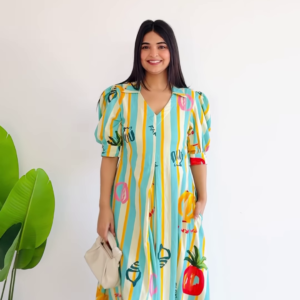 Resort Vibe: Striped Tropical Puff-Sleeve Midi Dress