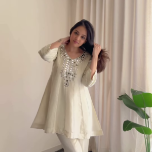 Ivory Luminescence: Mirror-Work Flared Tunic & Sharara Set