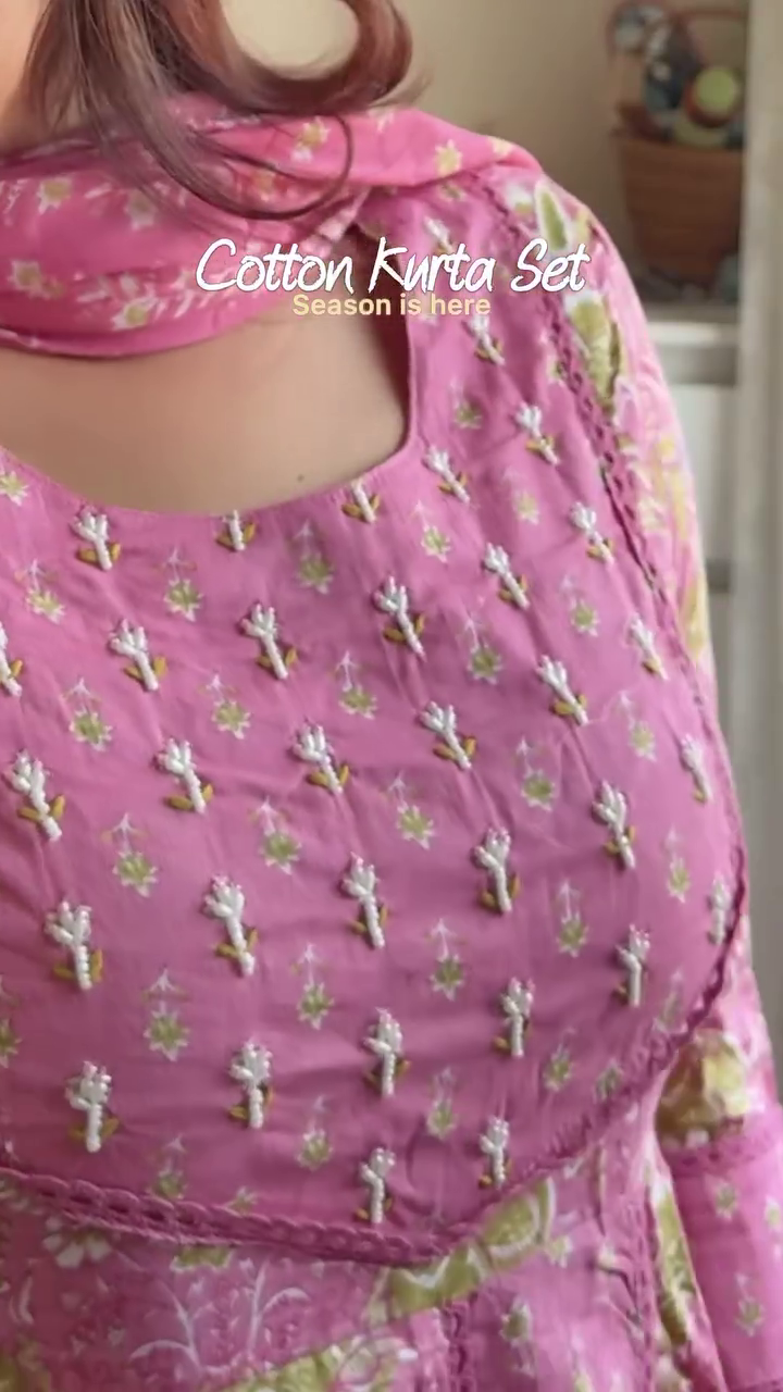 Orchid Grace: Floral Printed Cotton Alia-Cut Kurta Set - Image 4