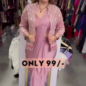 Lavender Frost: Pre-Stitched Satin Cocktail Saree Set
