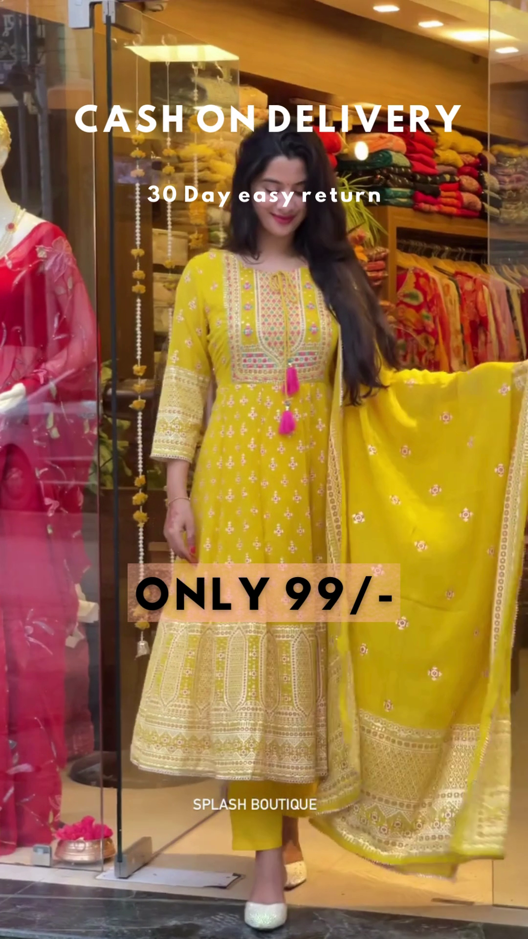 Mustard Bloom: Woven Anarkali Kurta & Trouser Set