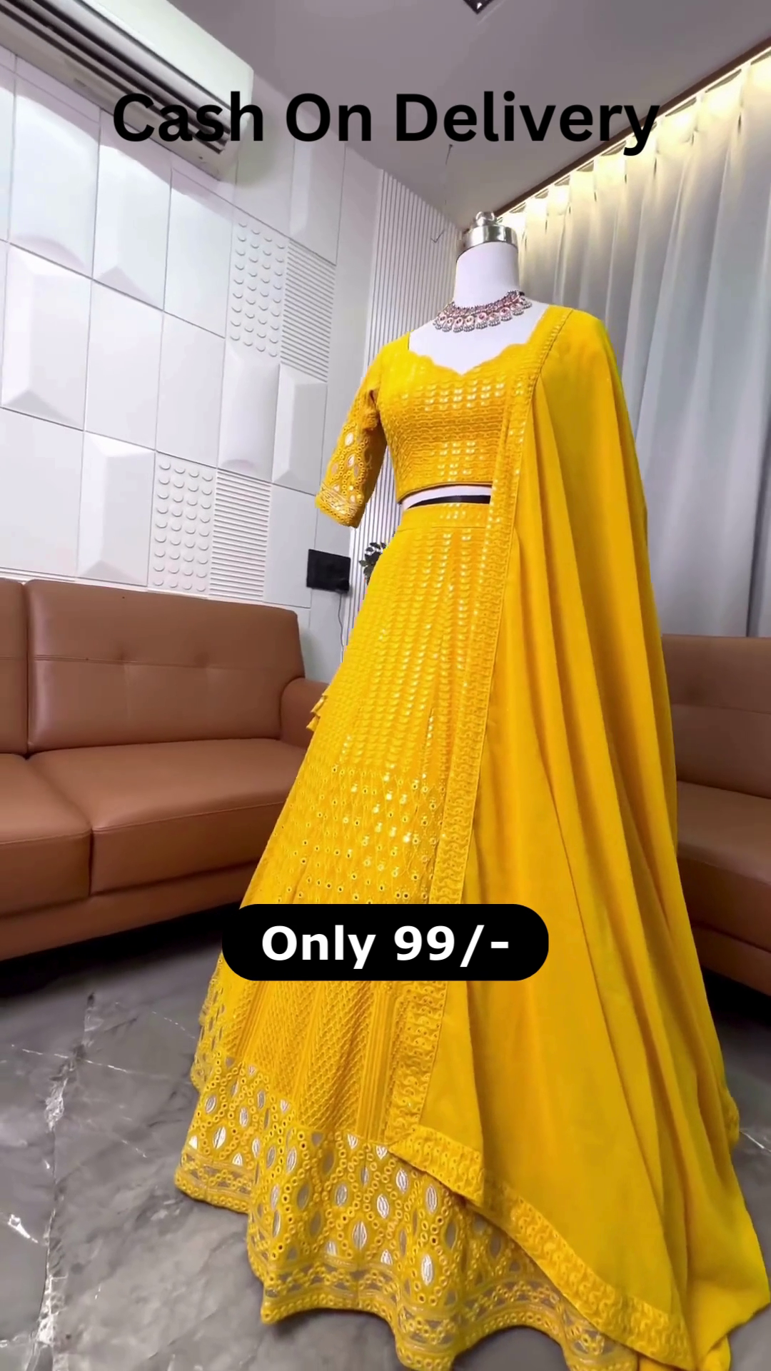 Canary Radiance: Chikankari & Mirror-Work Lehenga Choli Set - Image 4