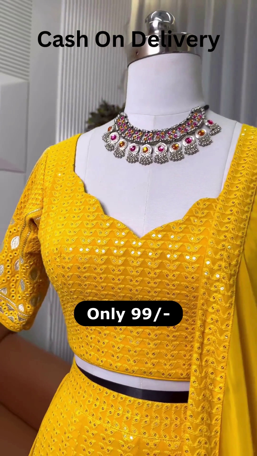 Canary Radiance: Chikankari & Mirror-Work Lehenga Choli Set - Image 2