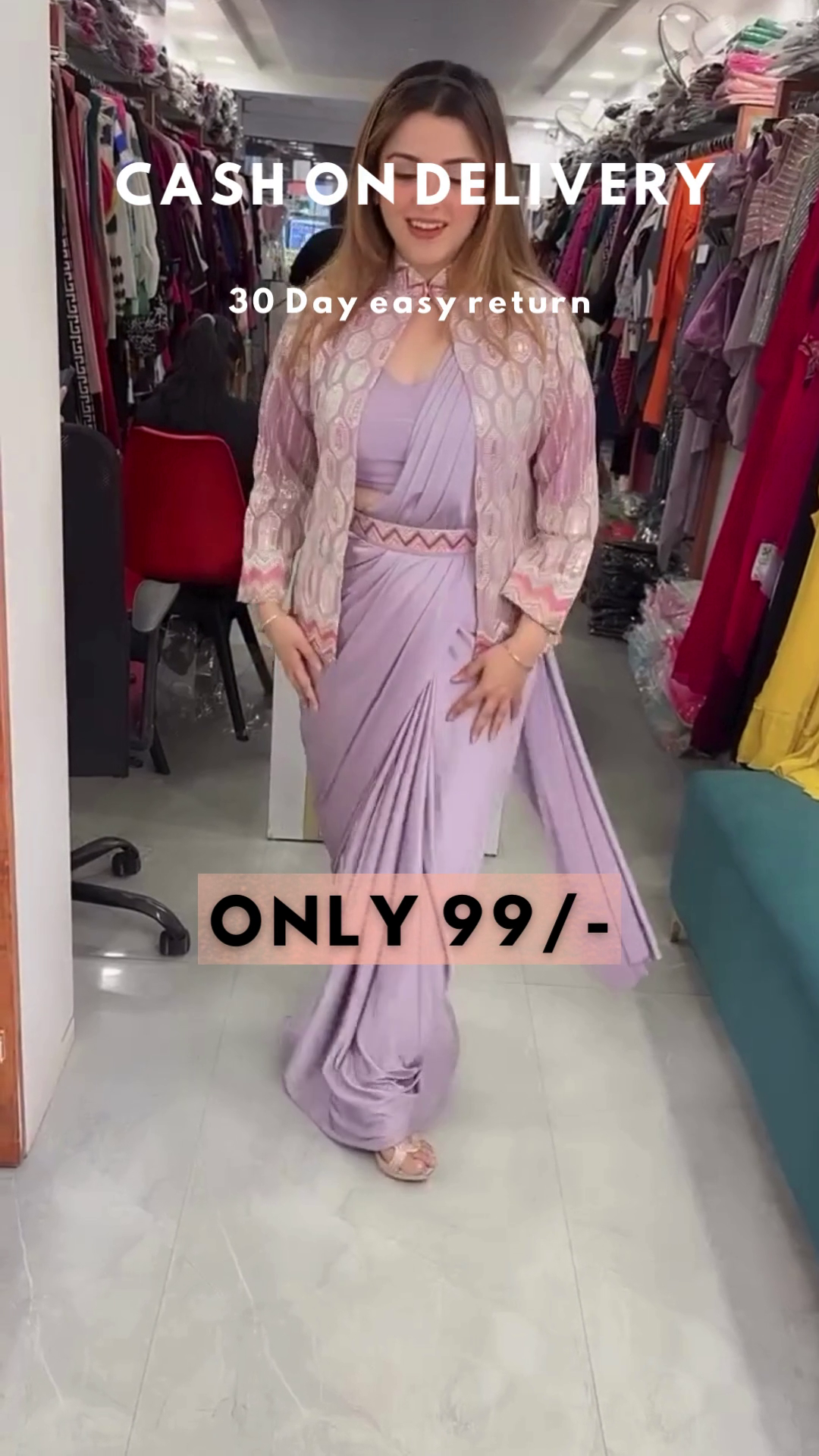 Lavender Luxe: Modern Pre-Stitched Saree with Embroidered Jacket & Belt Set - Image 2
