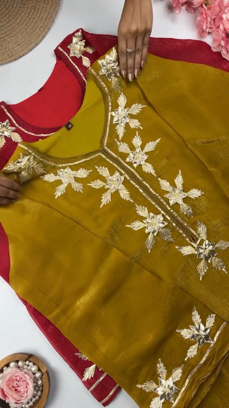 Elegant Gota Patti Embroidered Chanderi Kurta Set – Available in Midnight Black, Mustard Yellow & Crimson Red