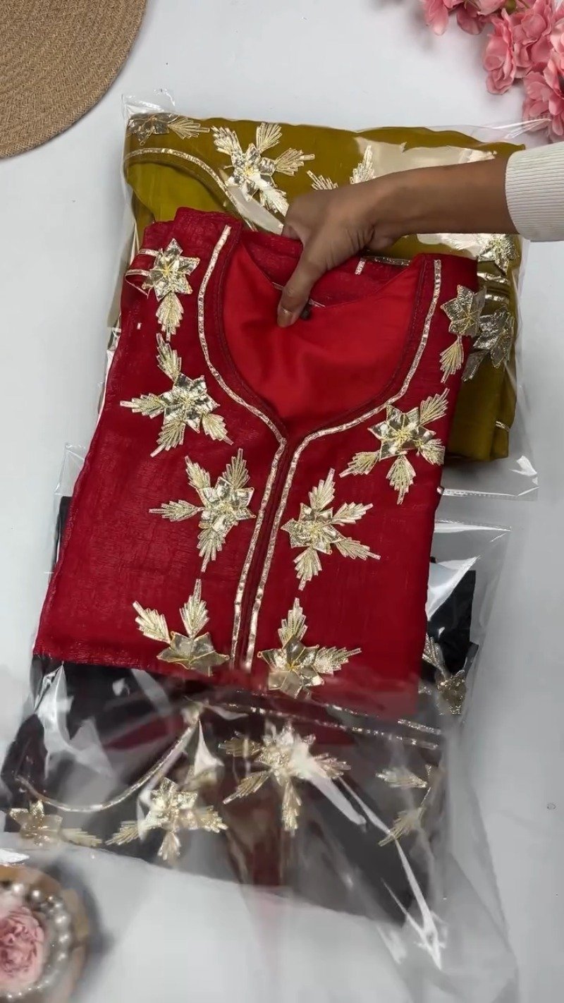 Elegant Gota Patti Embroidered Chanderi Kurta Set – Available in Midnight Black, Mustard Yellow & Crimson Red - Image 2