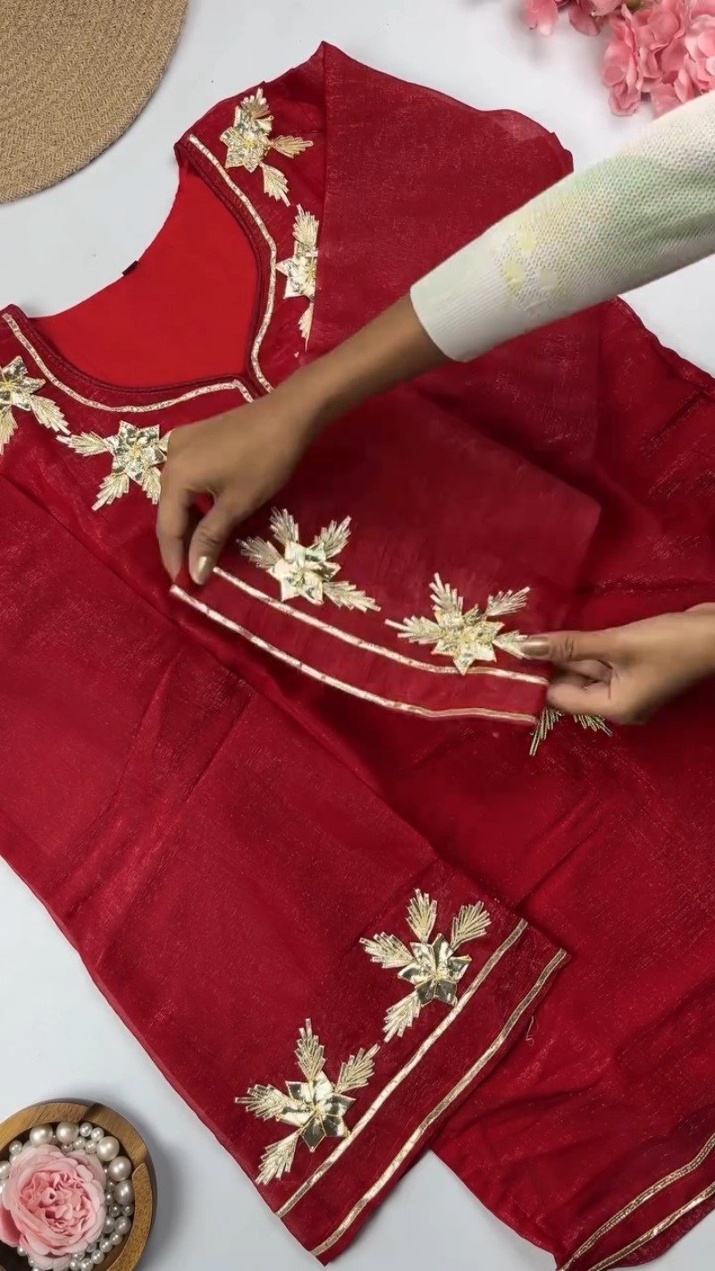 Elegant Gota Patti Embroidered Chanderi Kurta Set – Available in Midnight Black, Mustard Yellow & Crimson Red - Image 3