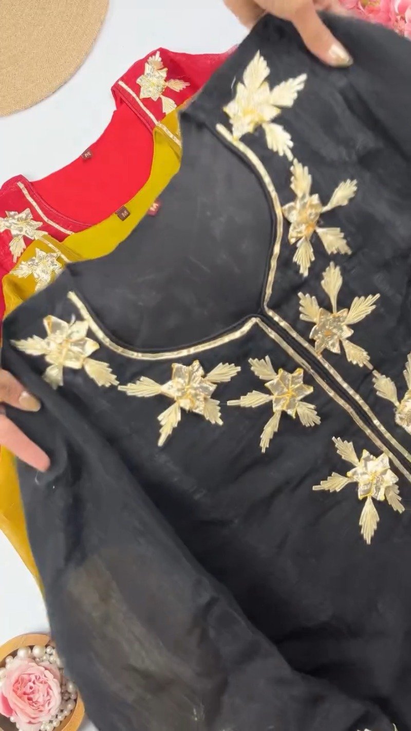 Elegant Gota Patti Embroidered Chanderi Kurta Set – Available in Midnight Black, Mustard Yellow & Crimson Red - Image 4