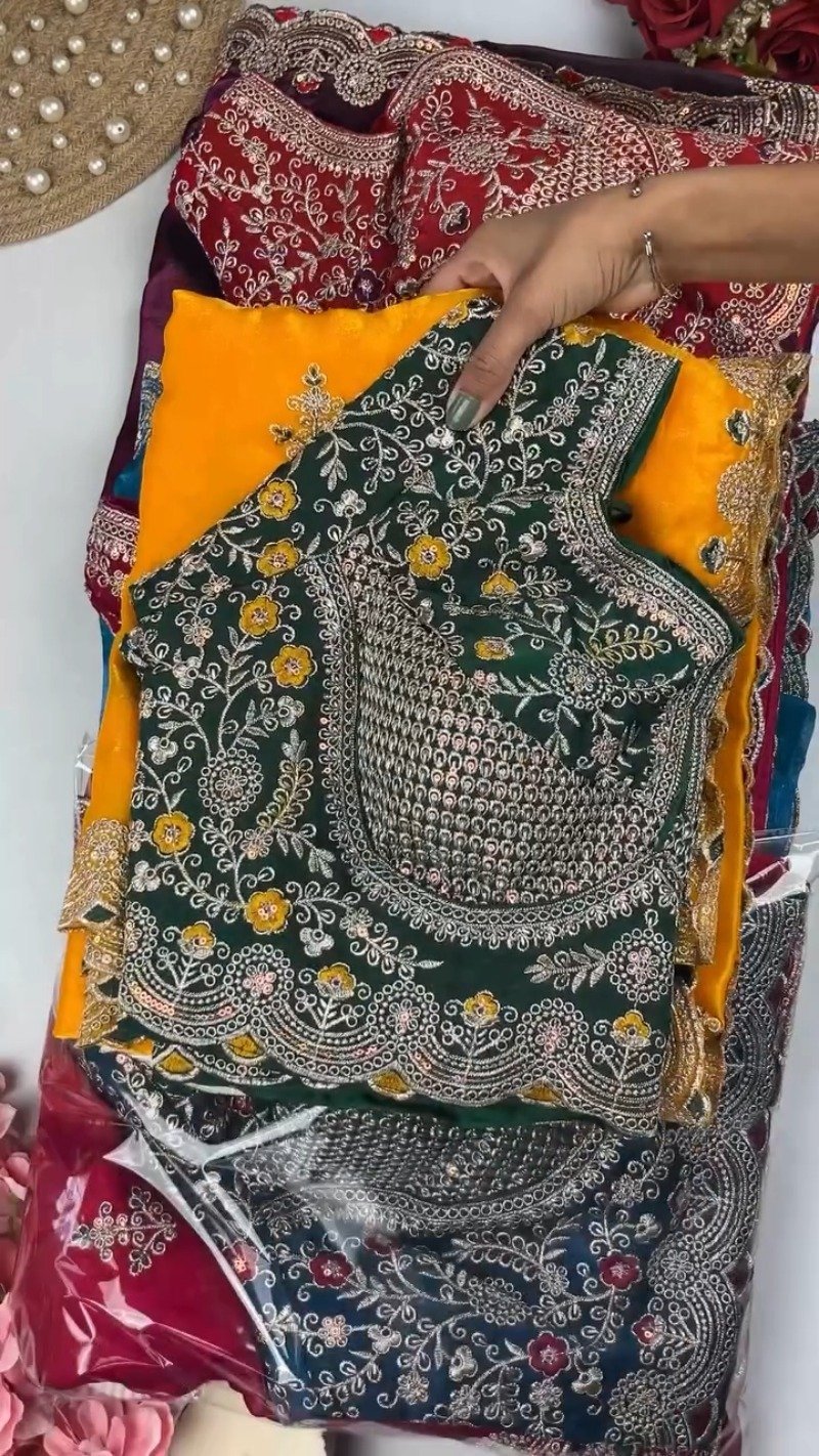 Royal Embroidered Velvet Blouse & Silk Saree Set – Available in Teal, Burgundy & Green