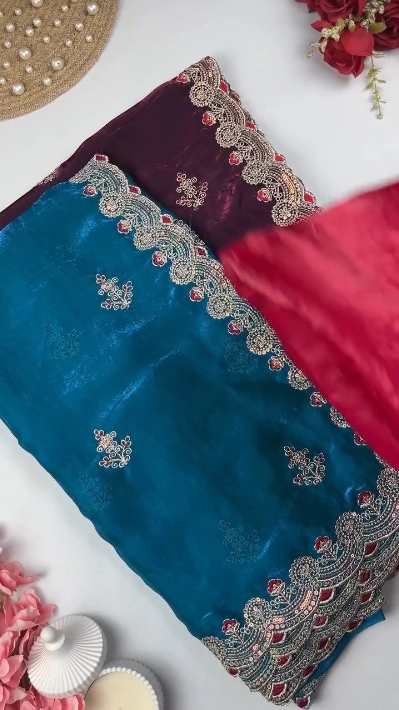 Royal Embroidered Velvet Blouse & Silk Saree Set – Available in Teal, Burgundy & Green - Image 2
