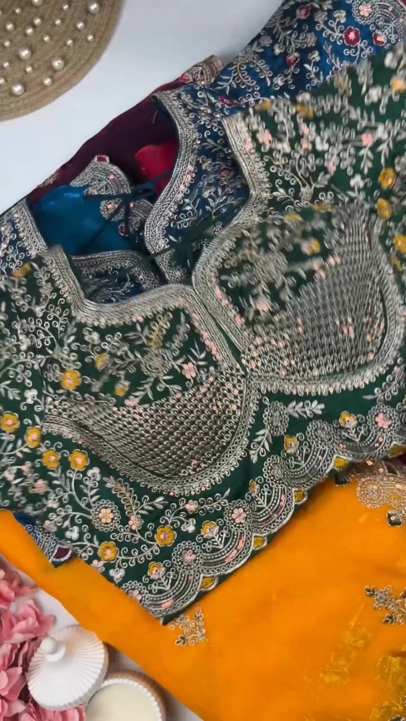 Royal Embroidered Velvet Blouse & Silk Saree Set – Available in Teal, Burgundy & Green - Image 3