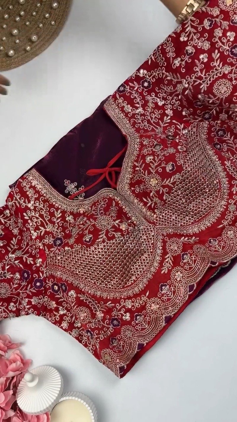 Royal Embroidered Velvet Blouse & Silk Saree Set – Available in Teal, Burgundy & Green - Image 4