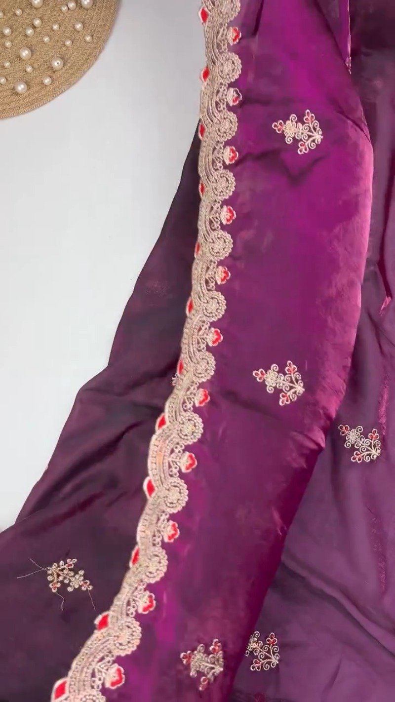 Royal Embroidered Velvet Blouse & Silk Saree Set – Available in Teal, Burgundy & Green - Image 5