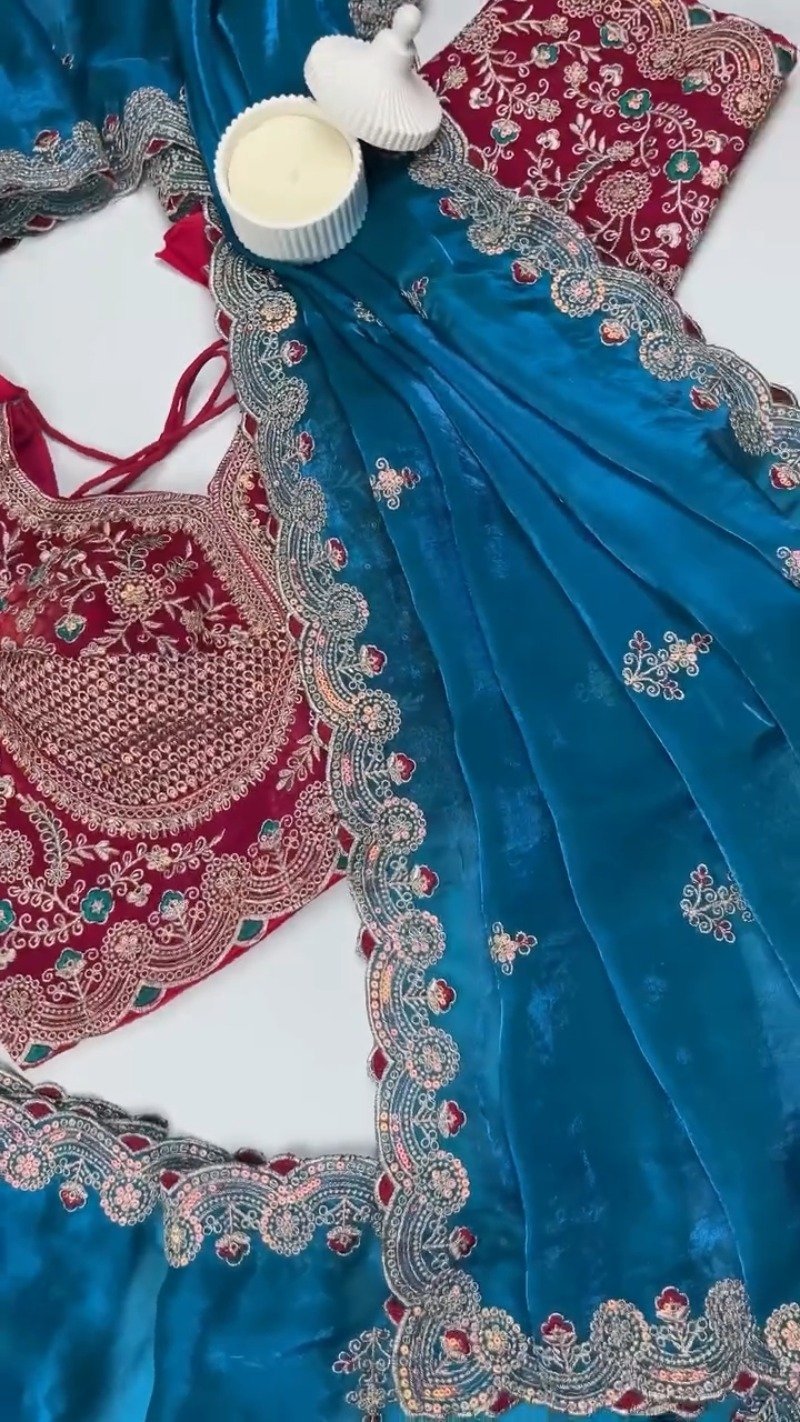 Royal Embroidered Velvet Blouse & Silk Saree Set – Available in Teal, Burgundy & Green - Image 6