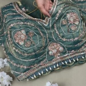 Enchanting Teal Sequined Organza Saree Set with Hand-Embroidered Rose Motifs