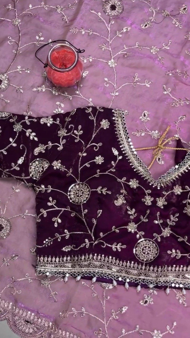 Royal Plum Hand-Embellished Velvet & Organza Saree Ensemble – Available in Plum & Rose Quartz