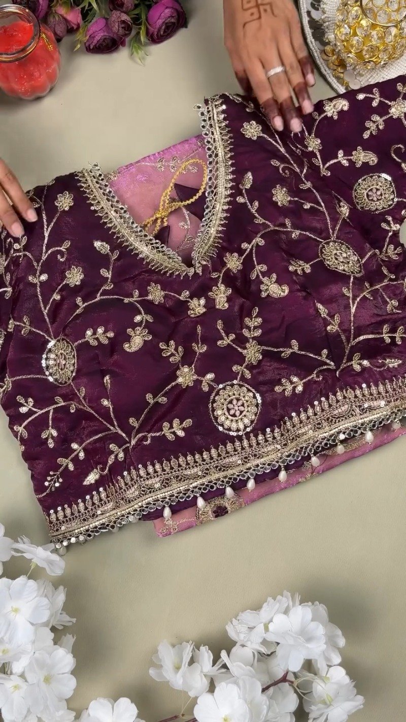 Royal Plum Hand-Embellished Velvet & Organza Saree Ensemble – Available in Plum & Rose Quartz - Image 2