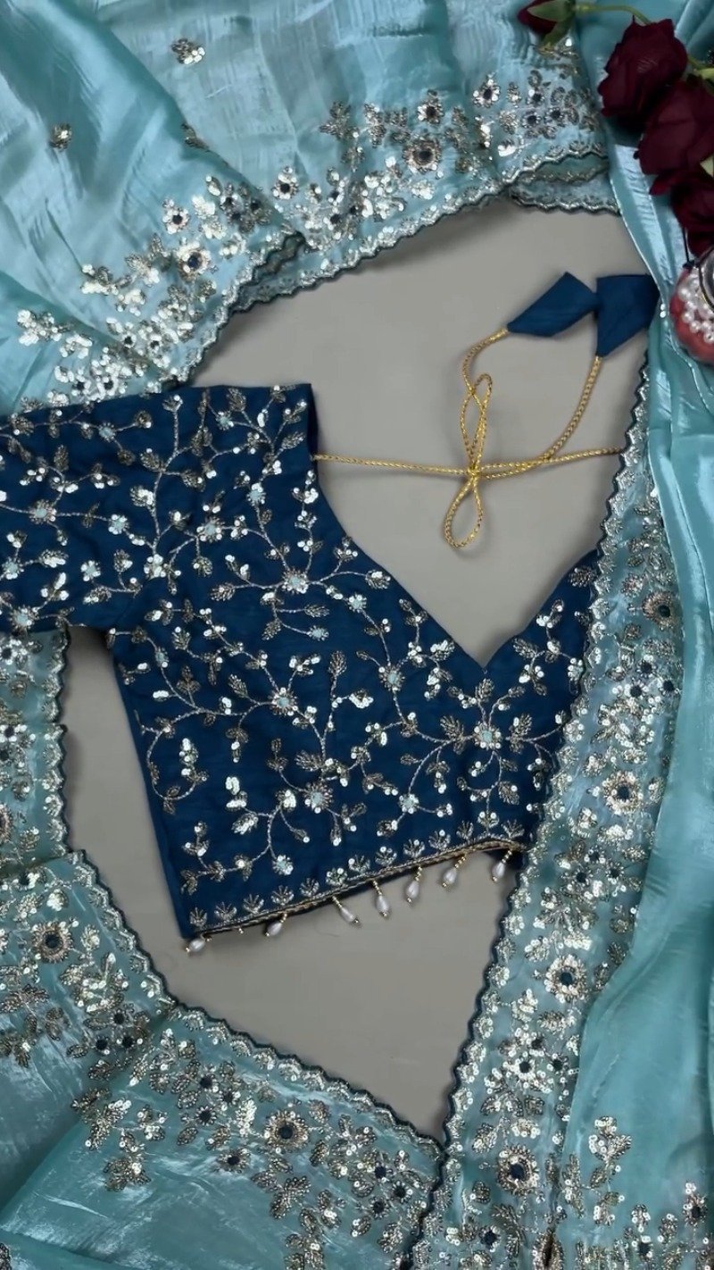 Enchanting Sequin-Embellished Organza Saree & Matching Embroidered Blouse Set – Available in Aqua Blue & Deep Navy