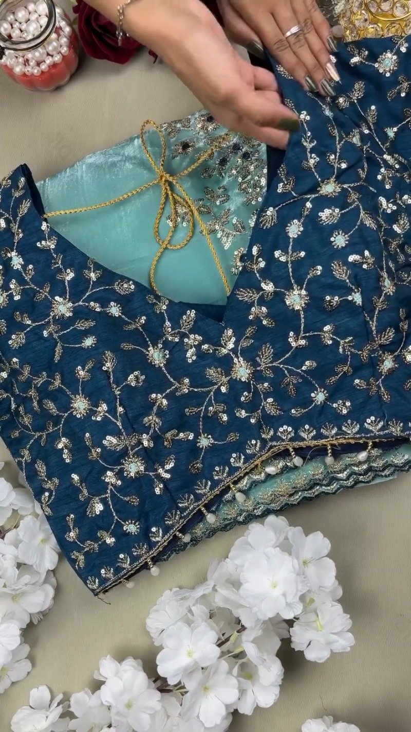 Enchanting Sequin-Embellished Organza Saree & Matching Embroidered Blouse Set – Available in Aqua Blue & Deep Navy - Image 2